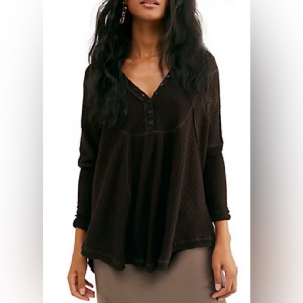 Free People Leo Henley Waffle Knit Top